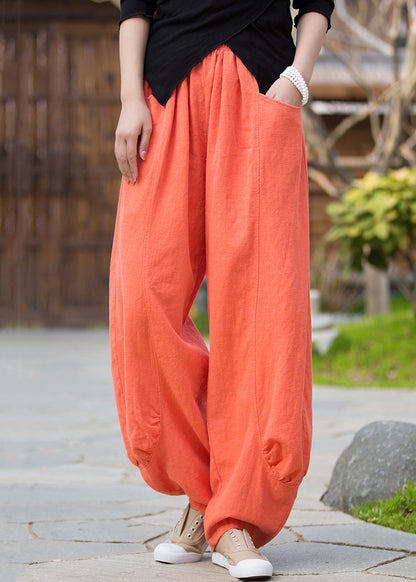 Orange Pockets Linen Pants High Waist