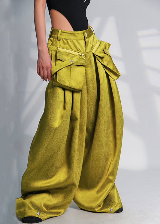 New Green Pockets High Waist Cotton Wide Leg Pants Summer