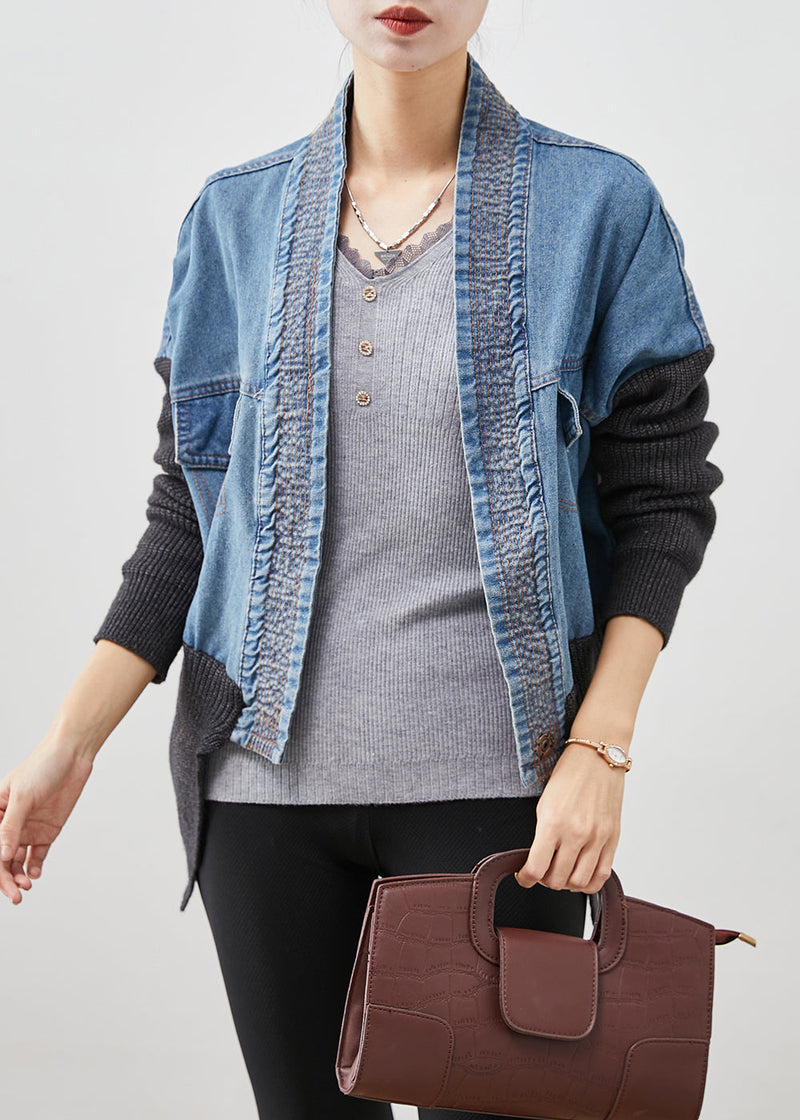 Blue Oversized Patchwork Knit Denim Loose Coat Fall