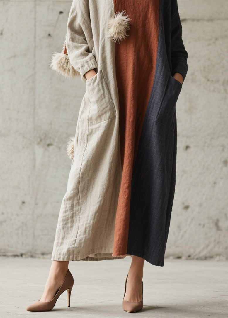 Colorblock Pockets Patchwork Cotton Dress Fall