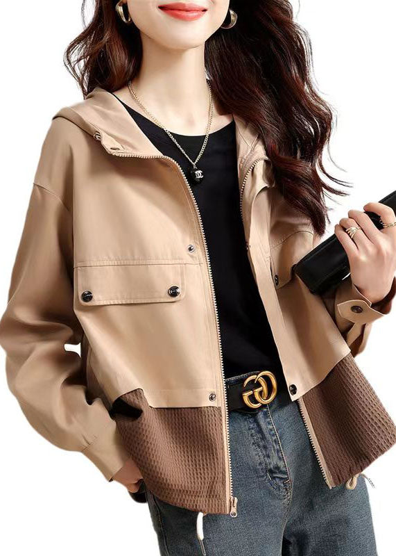Light Khaki Zip Up Patchwork Cotton Hooded Jacket Fall