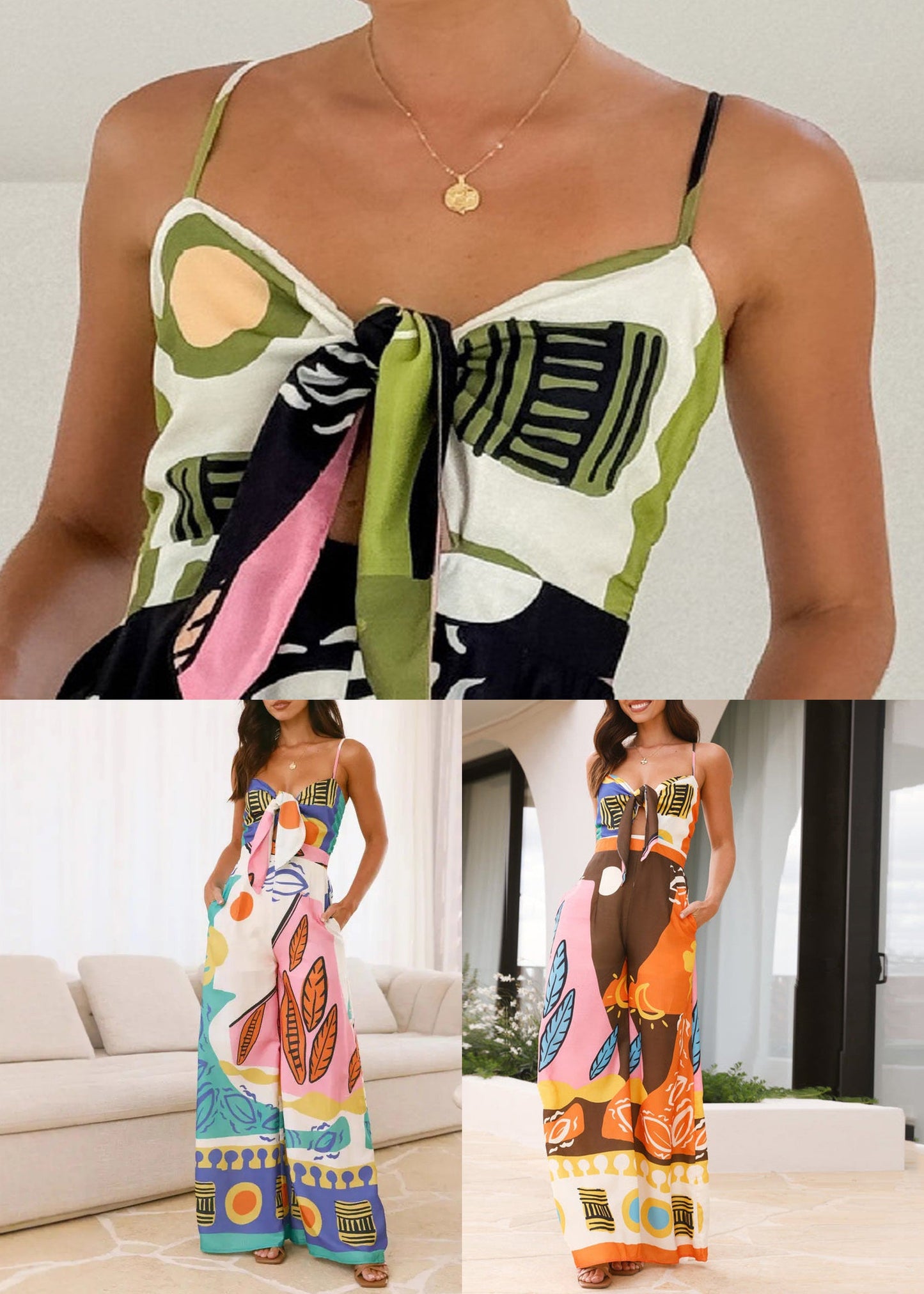 Slim Fit Orange V Neck Print Pockets Cotton Spaghetti Strap Jumpsuit Summer