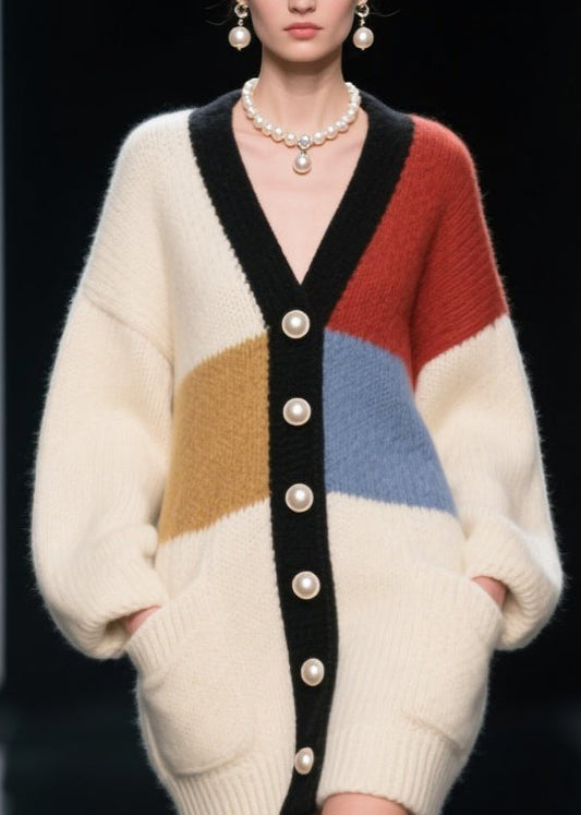 Colorblock V Neck Button Patchwork Knit Cardigan Fall