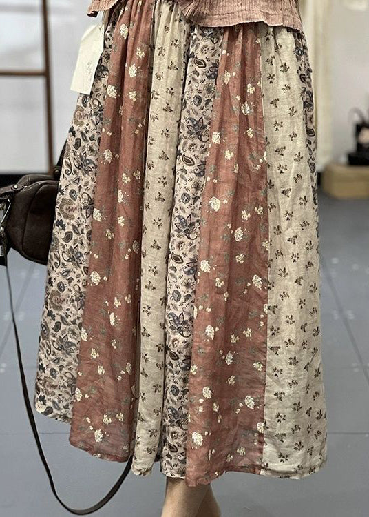 Diy Green Print Wrinkled Elastic Waist Linen Skirt Spring