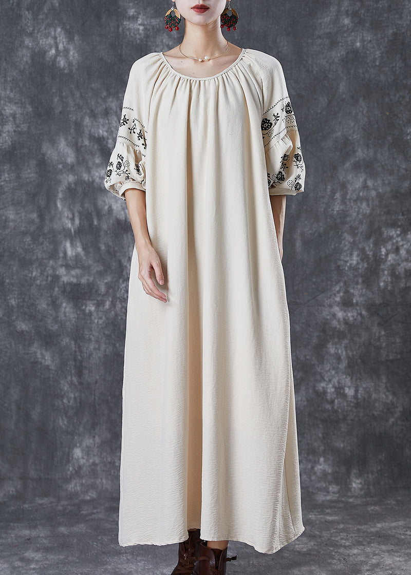 Boutique Beige O-neck Oversized Cotton Maxi Dresses Puff Sleeve