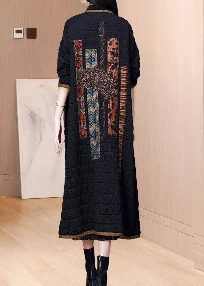 Black O Neck Pockets Patchwork Fine Cotton Filled Coat Winter