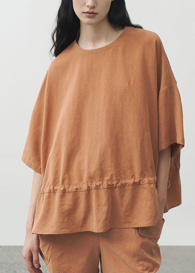 Orange O Neck Drawstring Cotton T Shirt Summer