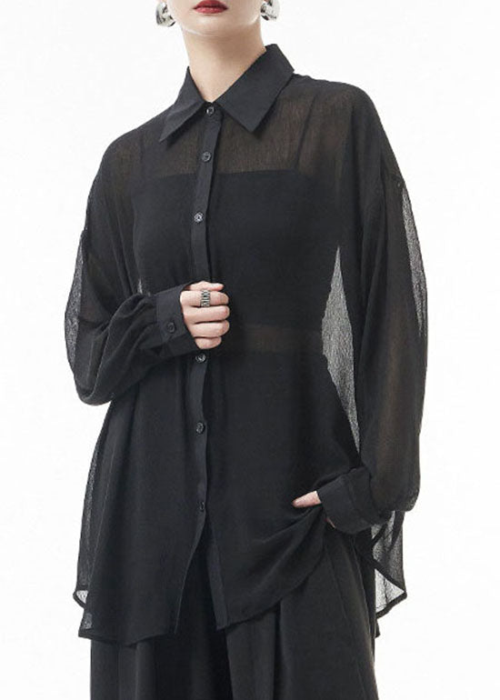 Black Button Peter Pan Collar Patchwork Tulle Shirts Spring