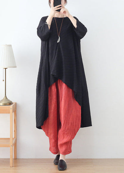 Black Loose Cotton Shirt Tops Low High Hesign Three Quarter Sleeve