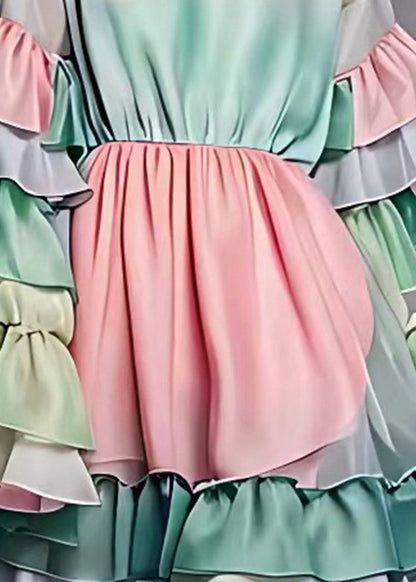 Fitted Gradient Color Wrinkled Patchwork Chiffon Mid Dresses Long Sleeve