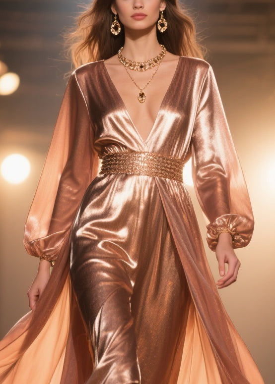 French Rose Gold High Waist Silk Long Dress Spring