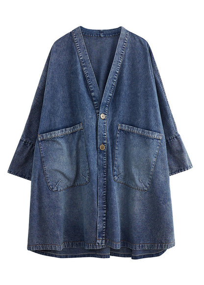 Blue V Neck Patchwork Button Trench Coats Spring