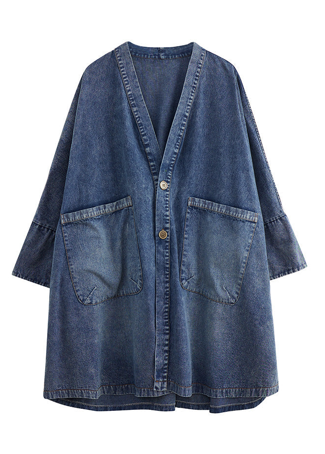 Blue V Neck Patchwork Button Trench Coats Spring