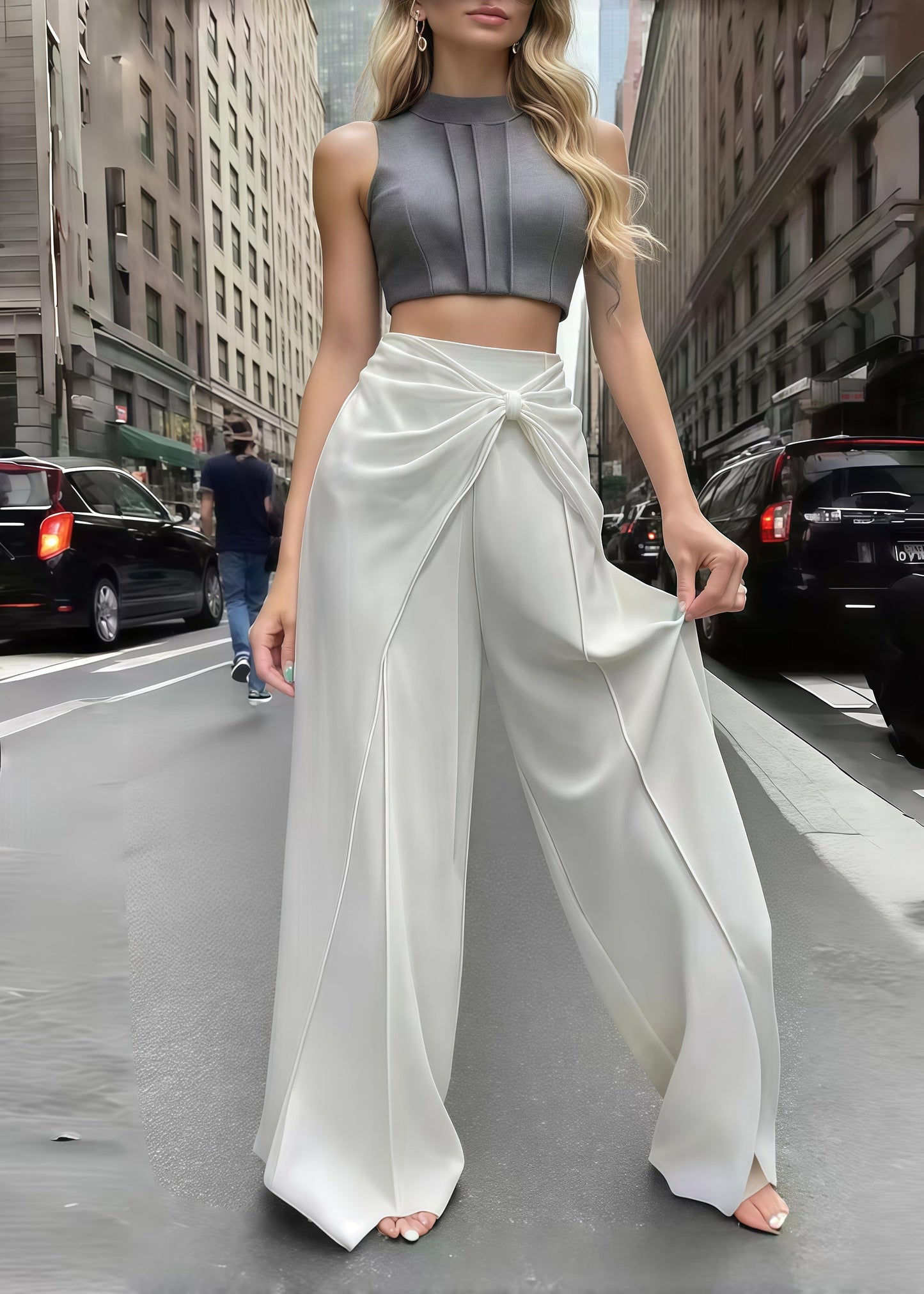 White Wrinkled Draping Chiffon Wide Leg Pants Summer