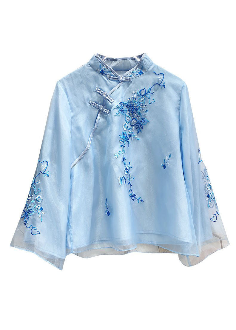 Chinese Style Blue Stand Collar Button Tops Flare Sleeve