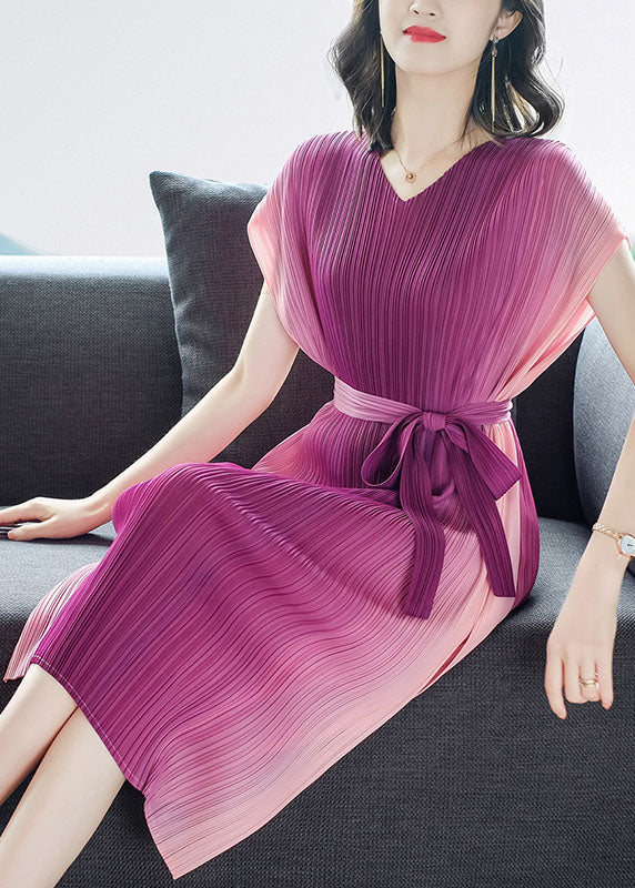 Rose Wrinkled Tie Waist Chiffon Vacation Dresses Summer