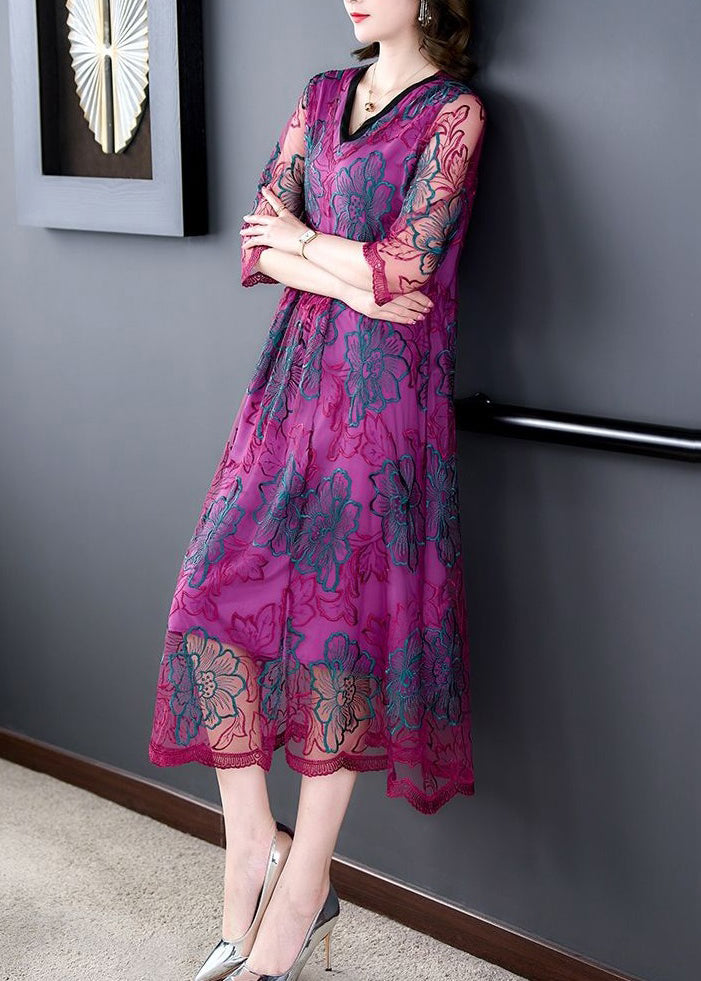Purple Embroideried Ruffled Tulle Dresses Half Sleeve