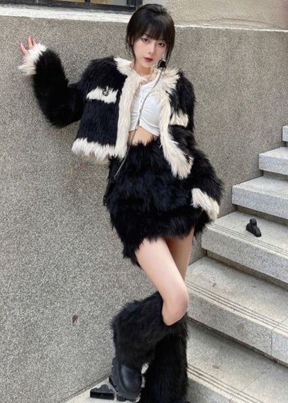 Stylish Black O-neck Coats and Skirts Mink Velvet Two Pieces Set Winter