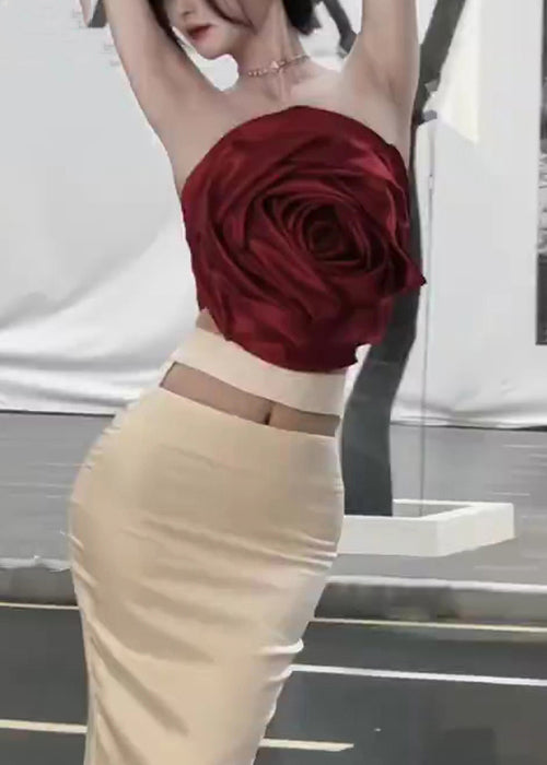 Red Tank and Beige Skirts Cotton Two Pieces Set Sleeveless Summer