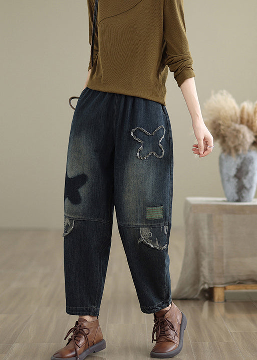 Navy Pockets Elastic Waist Denim Pants Fall
