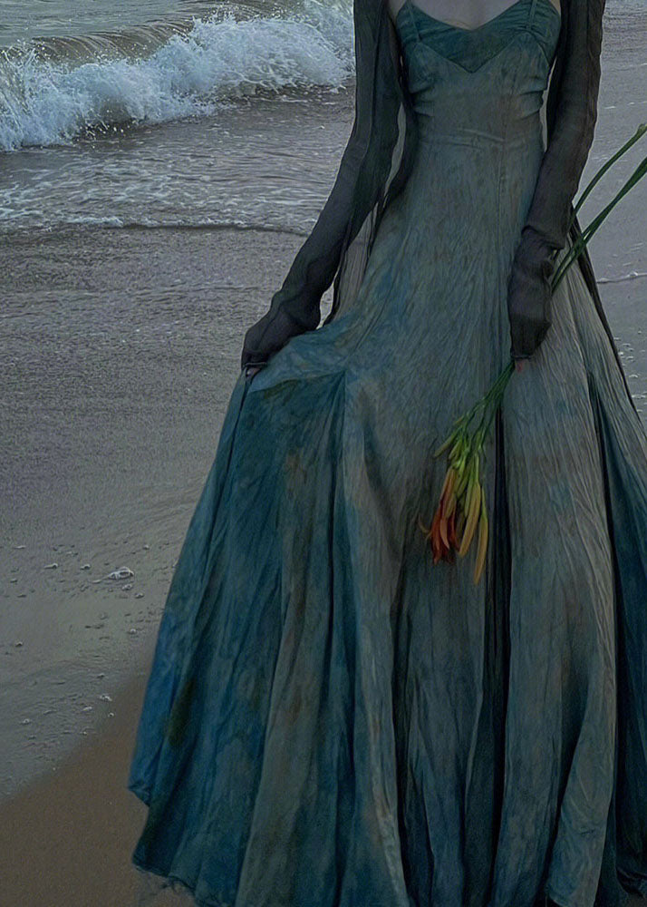 Blue Slash Neck Tie Dye Spaghetti Strap Maxi Dress Sleeveless
