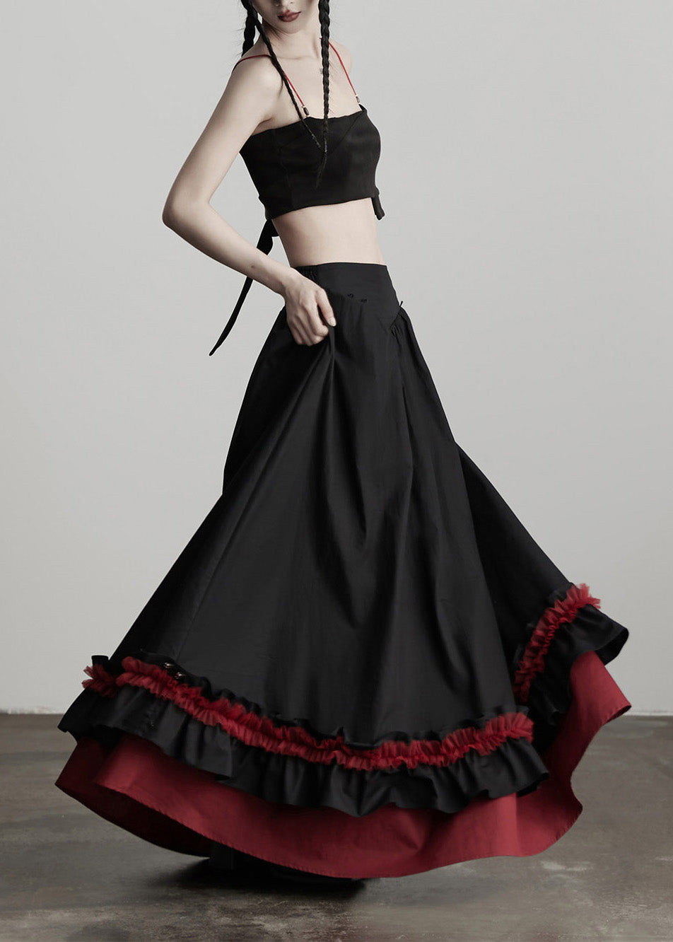 Black Ruffled Patchwork Exra Large Hem Cotton Skirts Fall