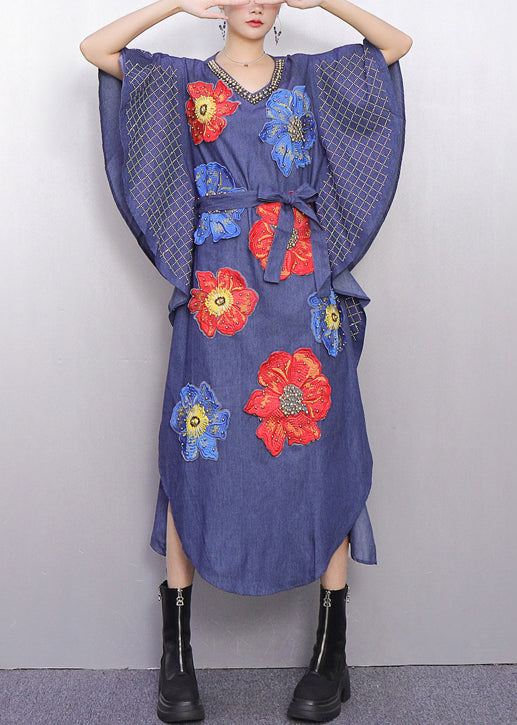 Fitted Denim Blue Nail Bead Maxi Dresses Batwing Sleeve