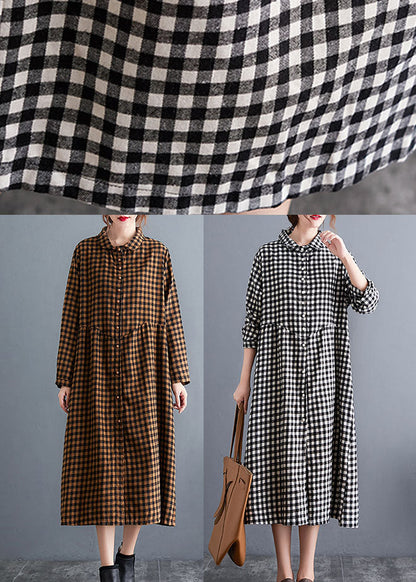 Classy Black Peterpan Collar Plaid Cotton Long Dress Spring