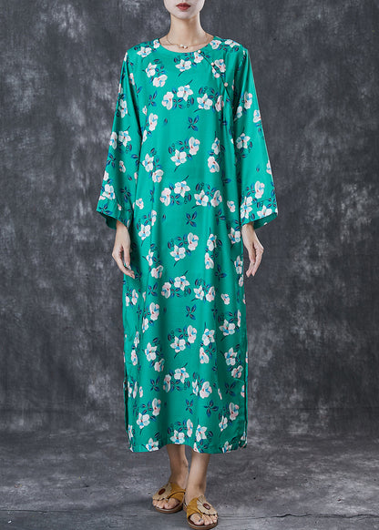 Green Print Side Open Cotton Long Dresses Spring