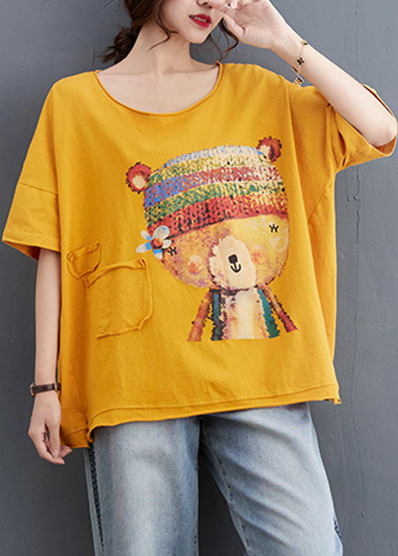 Yellow Loose O-neck Print Fall Tees Half Sleeve