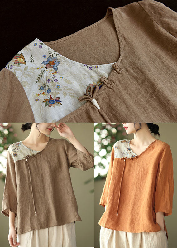 Loose Orange Oriental O-neck Patchwork Linen Tops Bracelet Sleeve