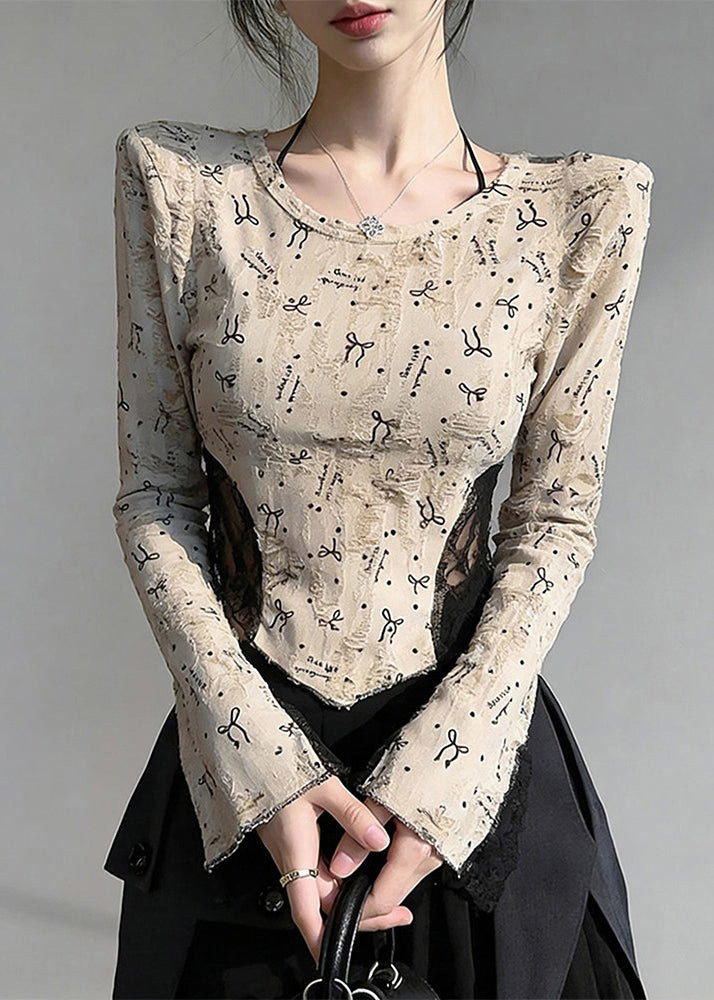 Beige Print Lace Patchwork Cotton Blouses Flare Sleeve