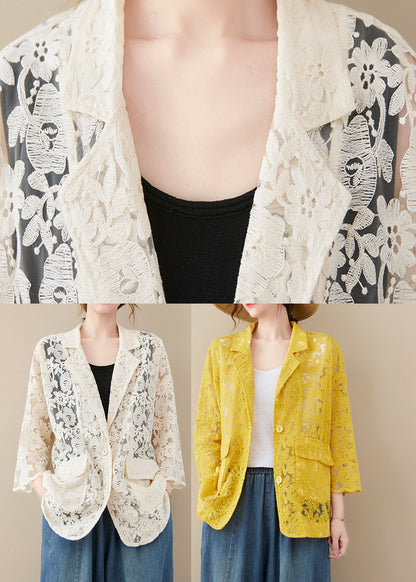 White Vacation Lace Coats Pocket Hollow Out Long Sleeve