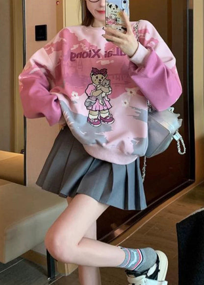 Pink O Neck Embroidered Tie Dye Cotton Pullover Spring