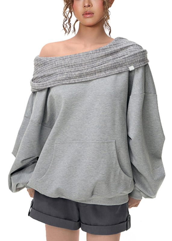 Grey Slash Neck Pockets Sweatshirts Lantern Sleeve
