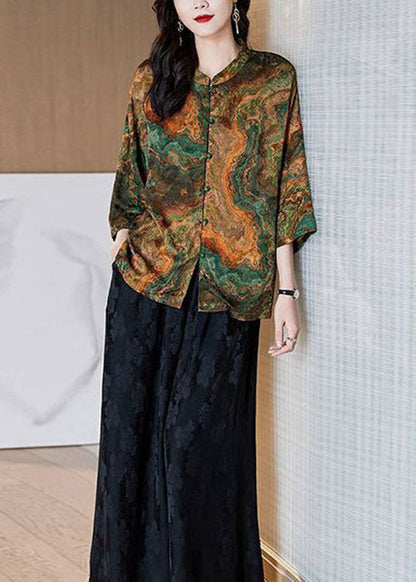 Black-texture Stand Collar Button Print Patchwork Silk Blouse Top Summer