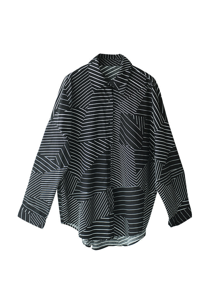 Black Peter Pan Collar Asymmetrical Striped Button Low High Design Cotton Shirt Long Sleeve
