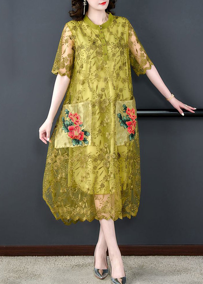 Yellow Embroideried Pockets Patchwork Tulle Dress Summer