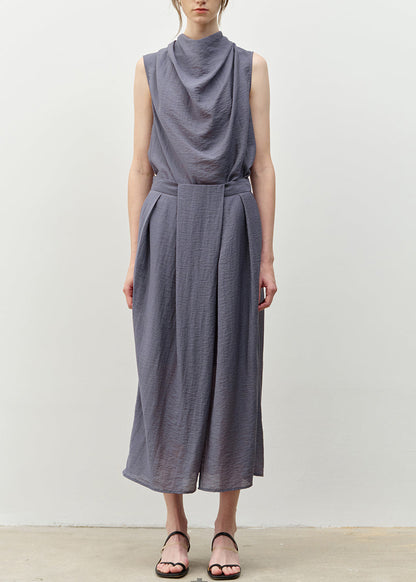 Blue Bow Asymmetrical Linen Top and Skirts Two Piece Set Sleeveless
