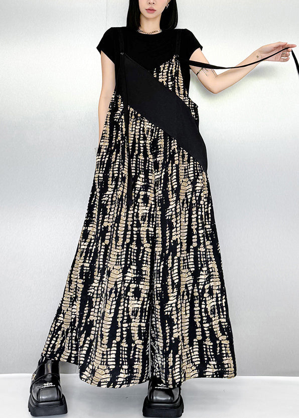 Black Oversized Patchwork Print Cotton Jumpsuits Summer