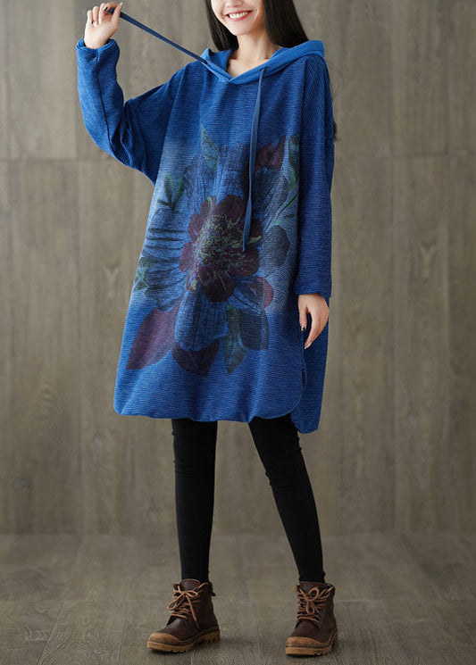 Navy Hooded Print Patchwork Side Open Dress Spring