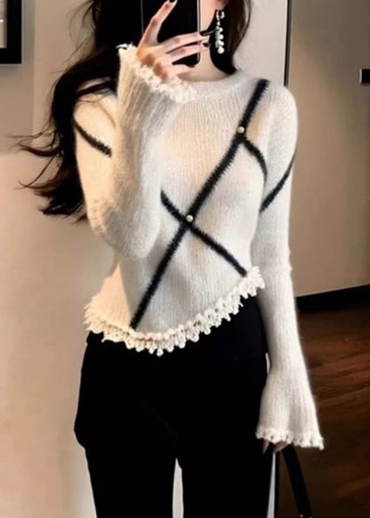 White O-neck Striped Pearl Cotton Knit Sweater Flare Sleeve