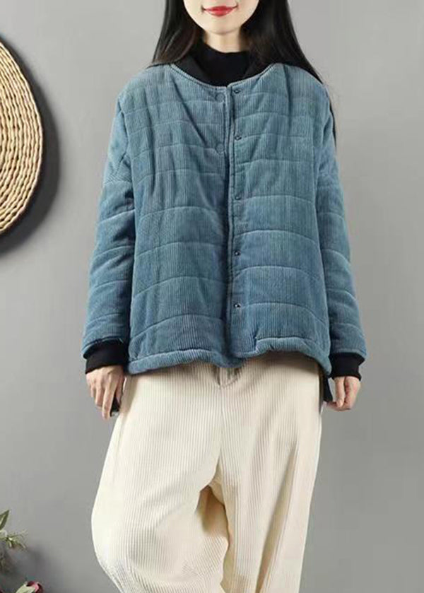 Blue Stand Collar Pockets Fine Cotton Filled Coats Winter