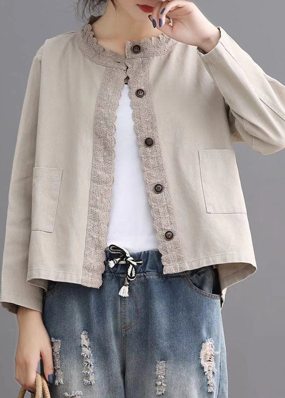 Loose Beige Retro Denim Pockets Coats Fall