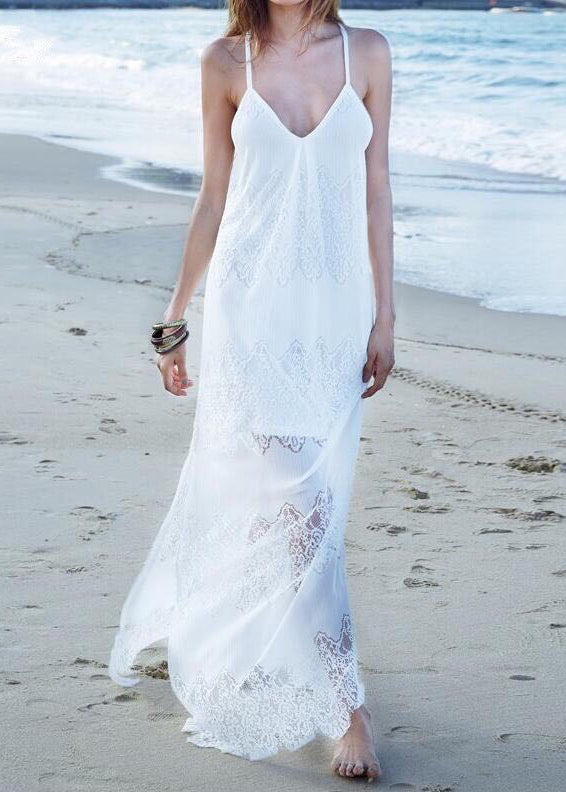 European and American Style White V Neck Lace Spaghetti Strap Dress Summer