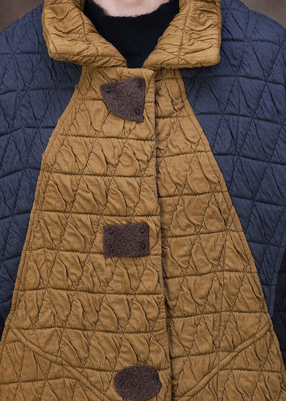 Yellow Stand Collar Patchwork Button Removable Cotton Maxi Coats Long Sleeve