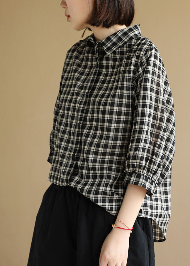 Black Peter Pan Collar Plaid Cotton Shirt Top Bracelet Sleeve Summer