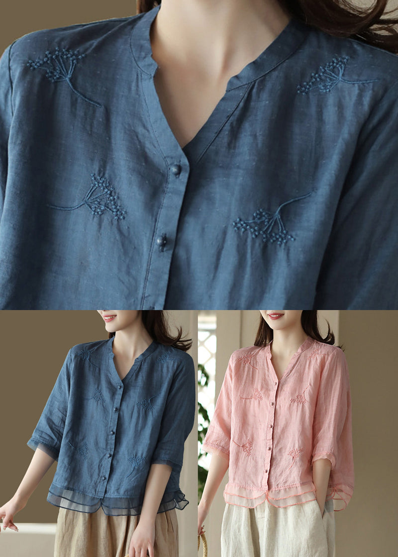 Blue V Neck Embroideried Ramie Shirt Half Sleeve