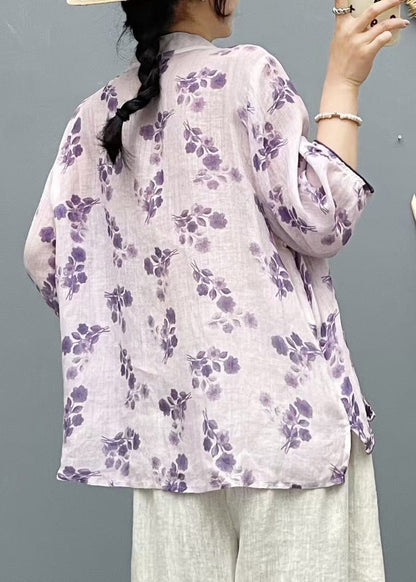 Beige Stand Collar Embroidered Linen Shirt Top Summer