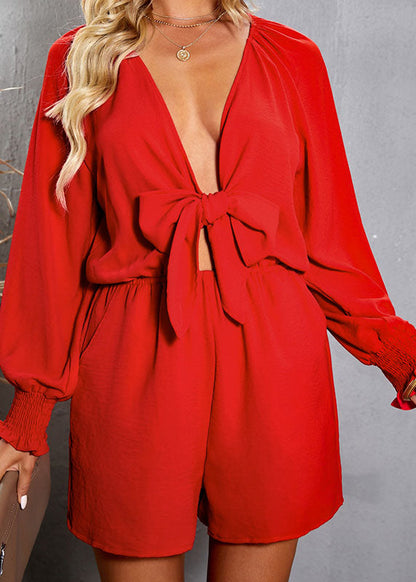 Red V Neck Patchwork Jumpsuit Fall